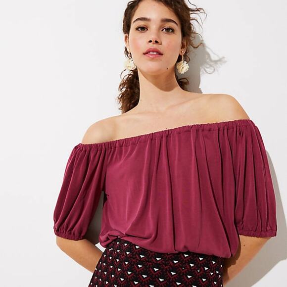 LOFT Blush Red Short Off Shoulder Sleeve Top - Picture 1 of 3